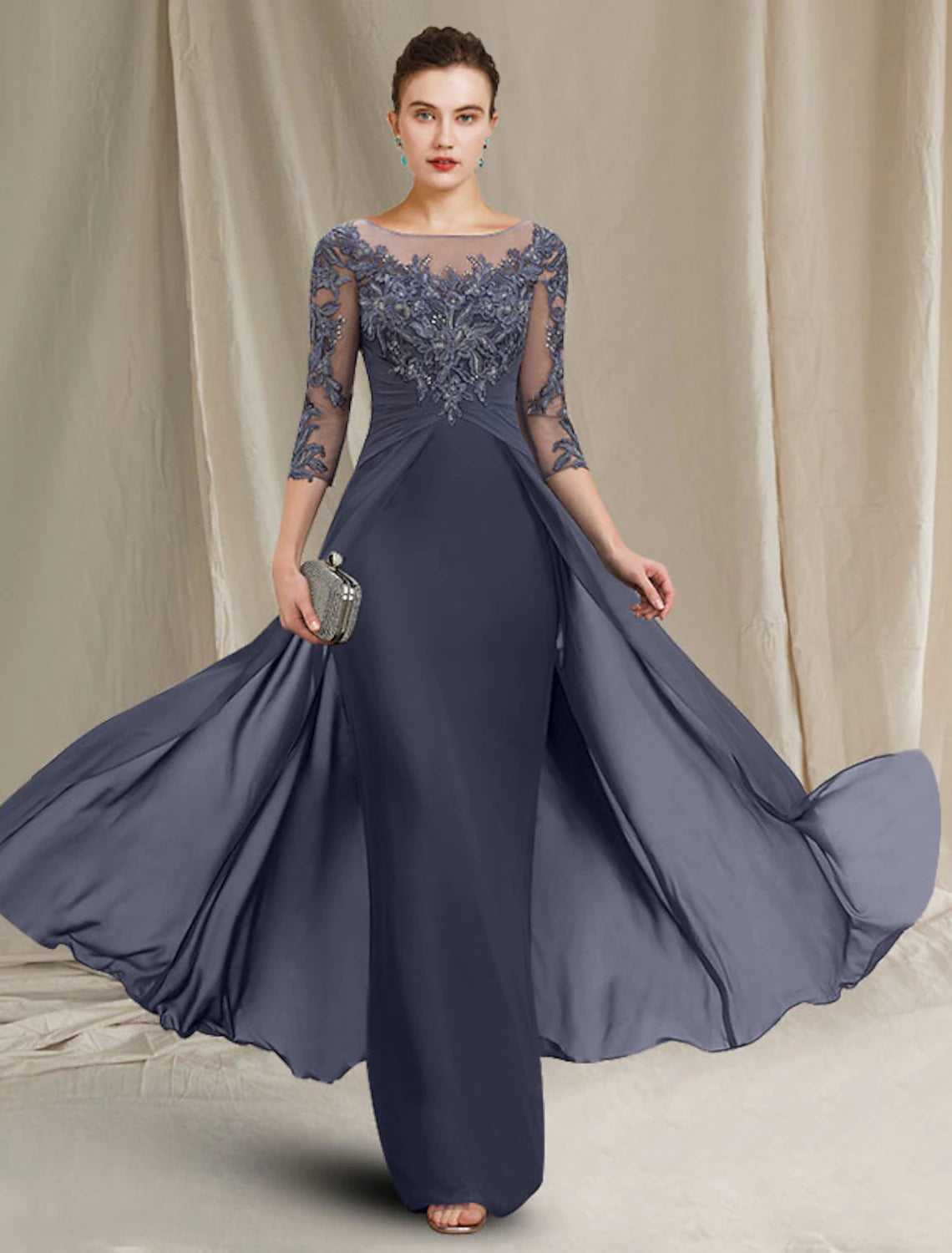 Wholesale  Sheath / Column Mother of the Bride Dress Elegant Jewel Neck Floor Length Chiffon Lace 3/4 Length Sleeve with Appliques
